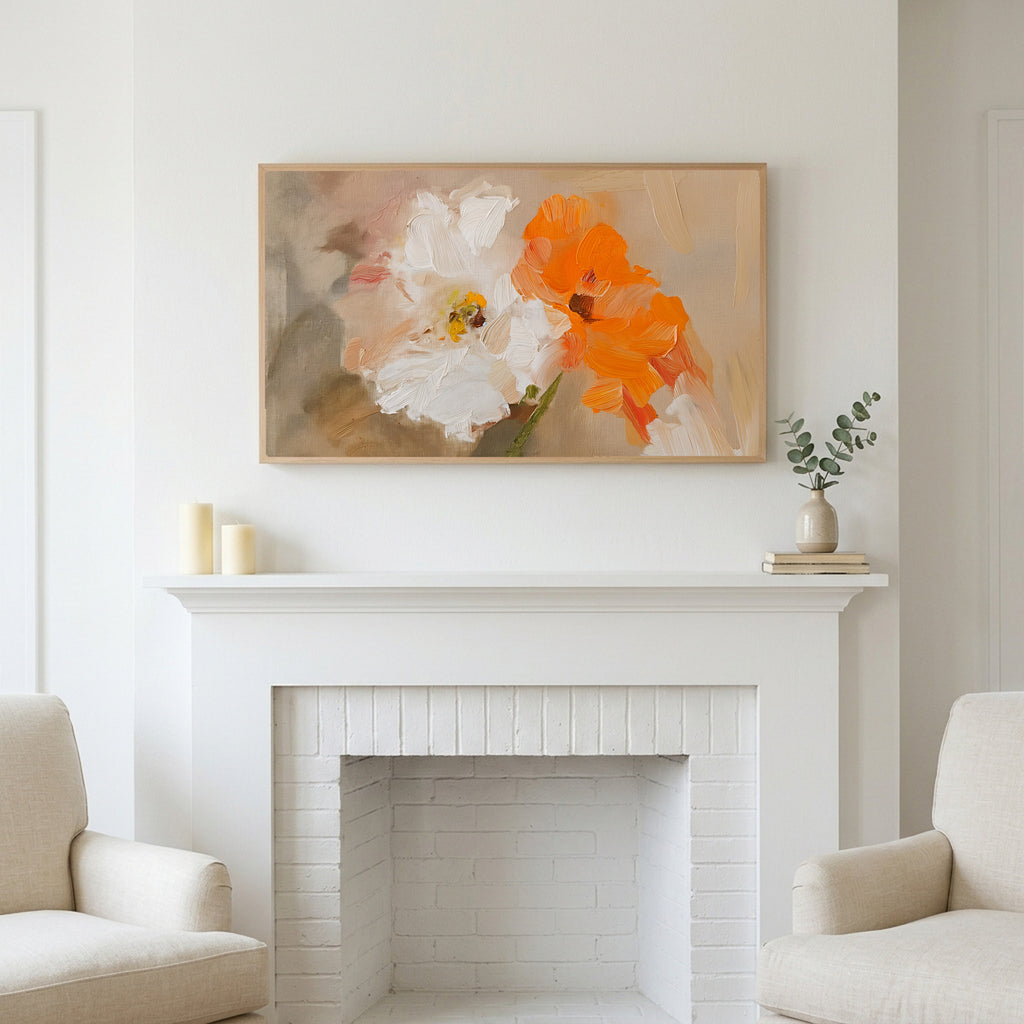 Frame TV art above a white fireplace with candles and eucalyptus on the mantel