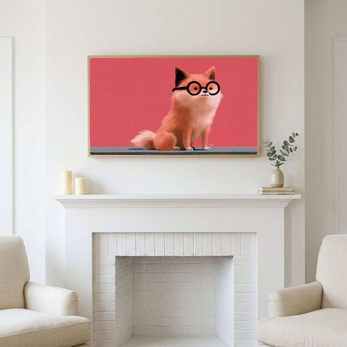 Dog in glasses art above a white fireplace with candles and eucalyptus on the mantel