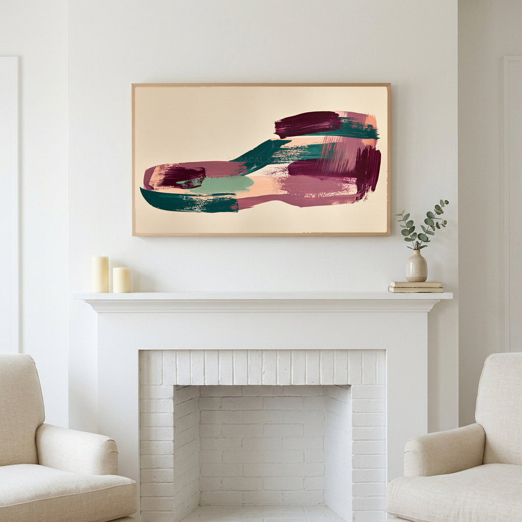 Abstract plum and teal brushstrokes art above a white fireplace with candles and eucalyptus on the mantel
