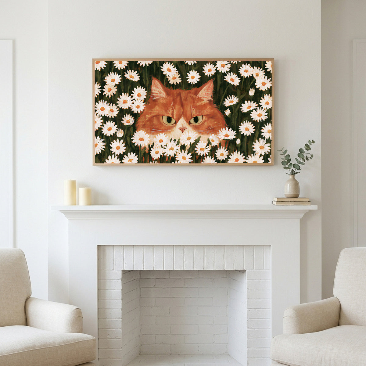 Ginger cat in daisies art above a white fireplace with candles and eucalyptus on the mantel