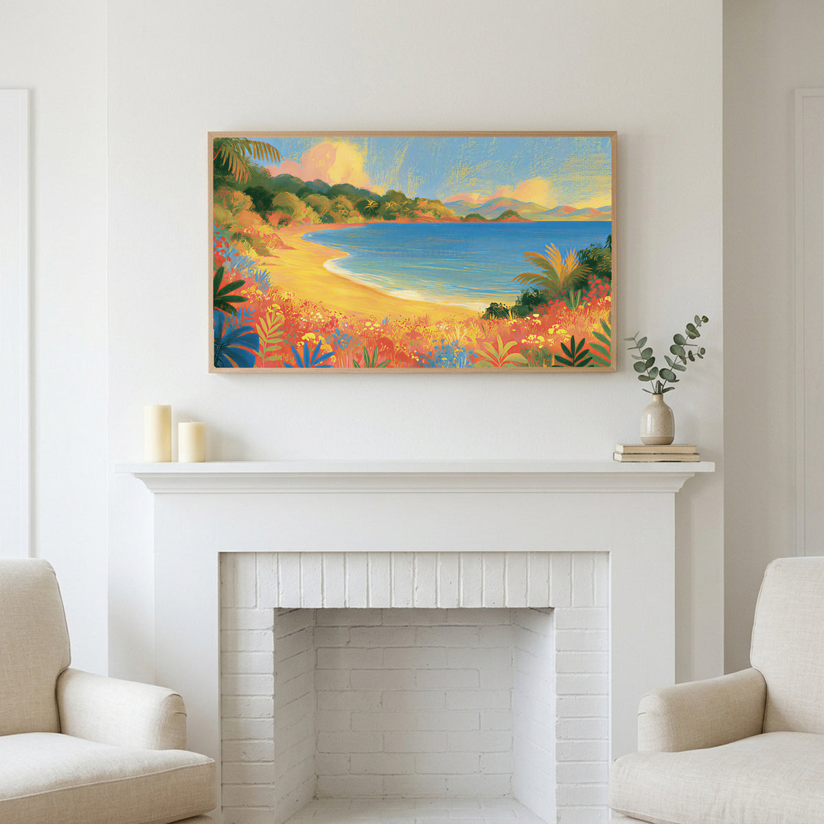 Tropical cove art above a white fireplace with candles and eucalyptus on the mantel