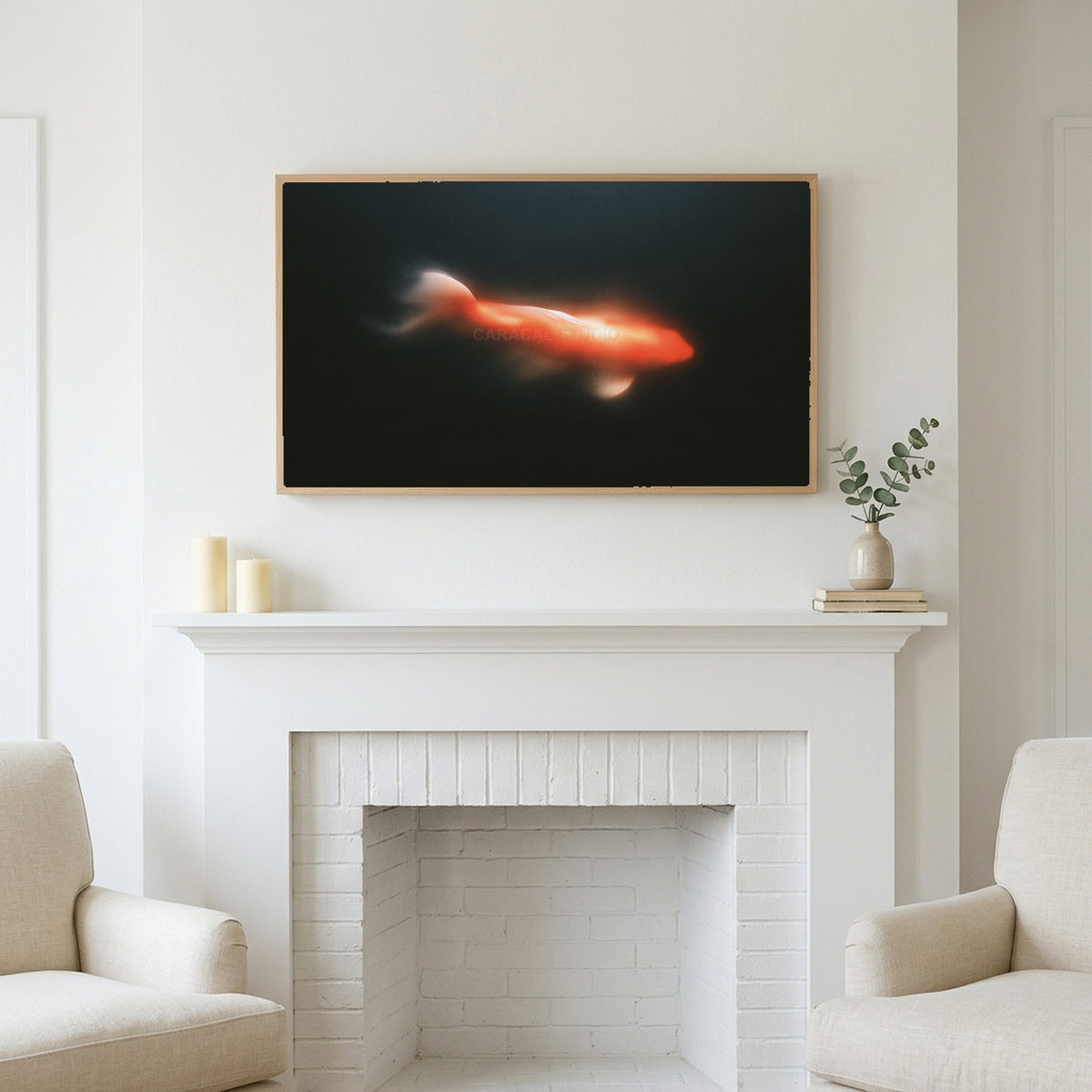 Glowing koi art above a white fireplace with candles and eucalyptus on the mantel