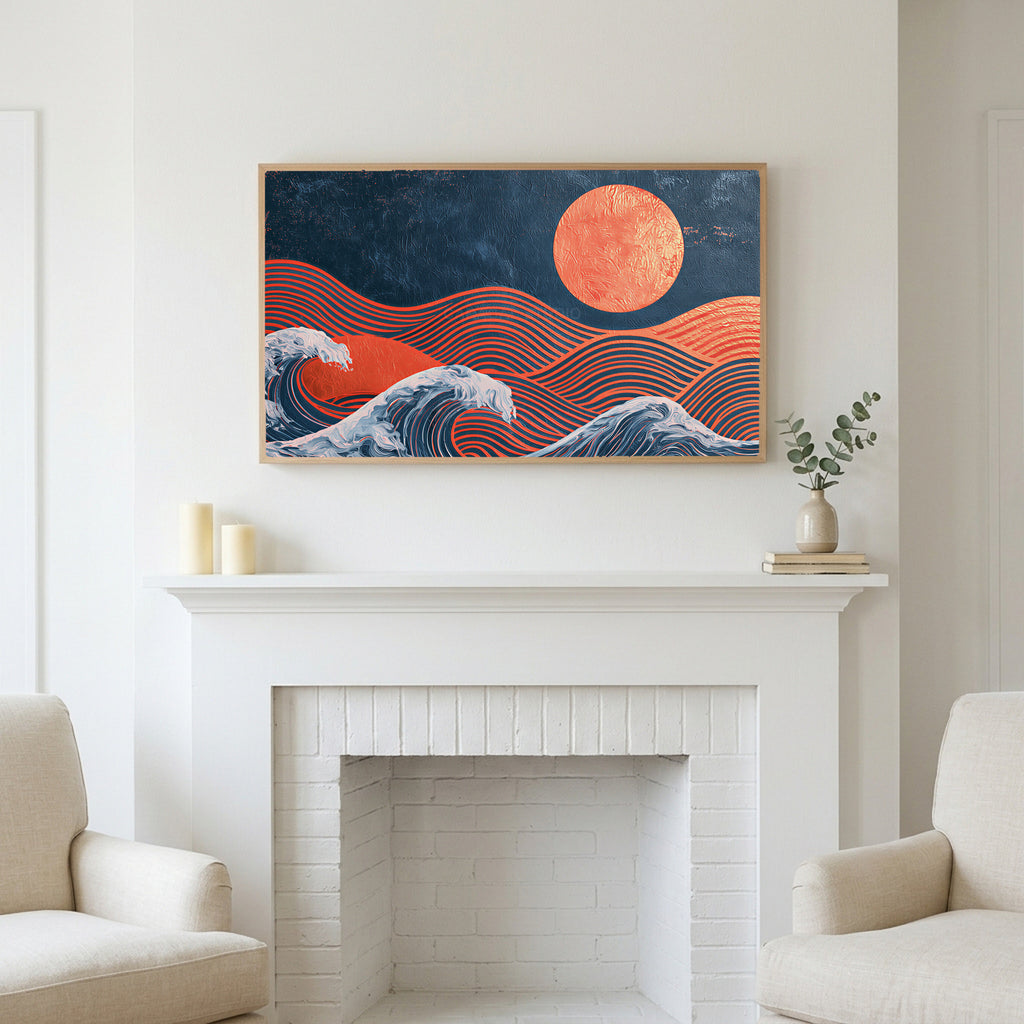 Frame TV art above a white fireplace with candles and eucalyptus on the mantel