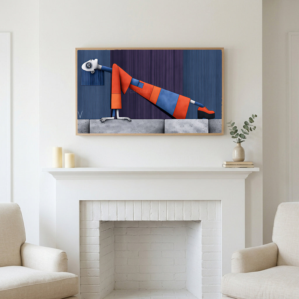Surreal leaning woman art above a white fireplace with candles and eucalyptus on the mantel