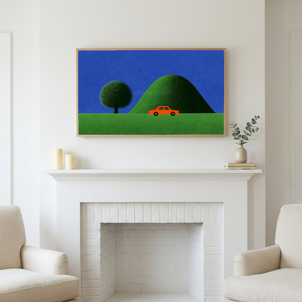 Red car by a green hill art above a white fireplace with candles and eucalyptus on the mantel
