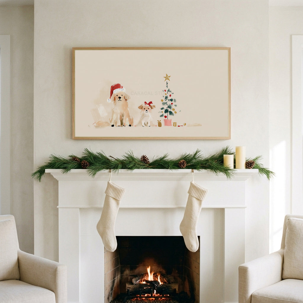 Dogs by a Christmas tree art on a TV above a white fireplace with a pine garland and cream stockings