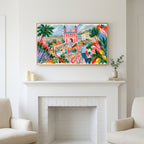 Mediterranean summer dance art above a white fireplace with candles and eucalyptus on the mantel