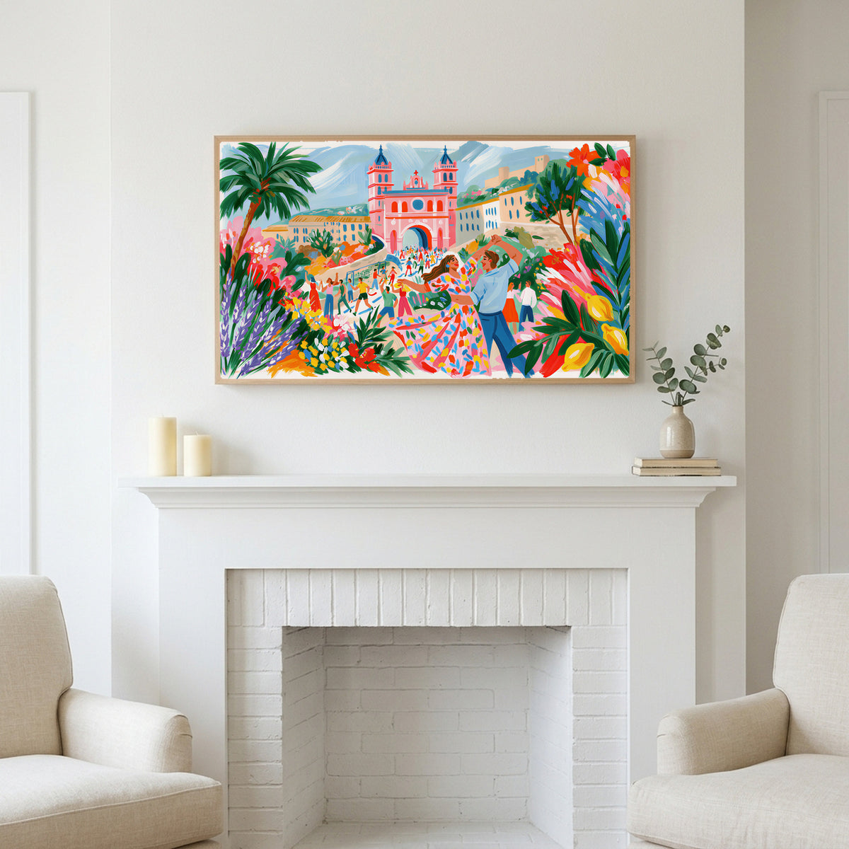 Mediterranean summer dance art above a white fireplace with candles and eucalyptus on the mantel