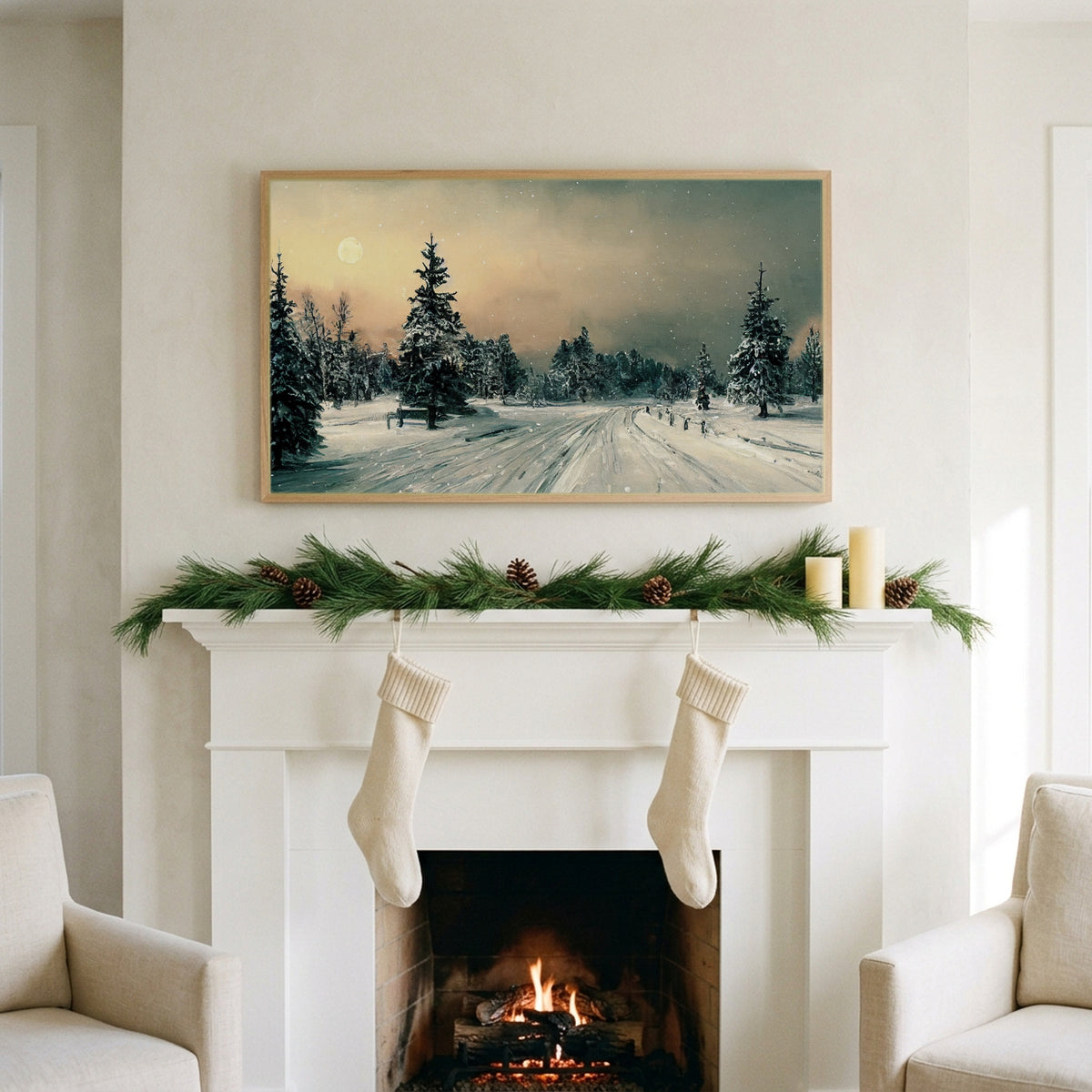 Snowy forest art on a TV above a white fireplace with a pine garland and cream stockings