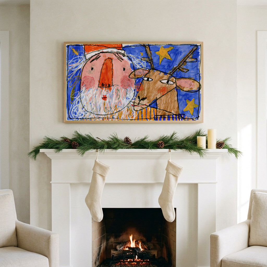 Crayon Santa and reindeer art on a TV above a white fireplace with a pine garland and cream stockings