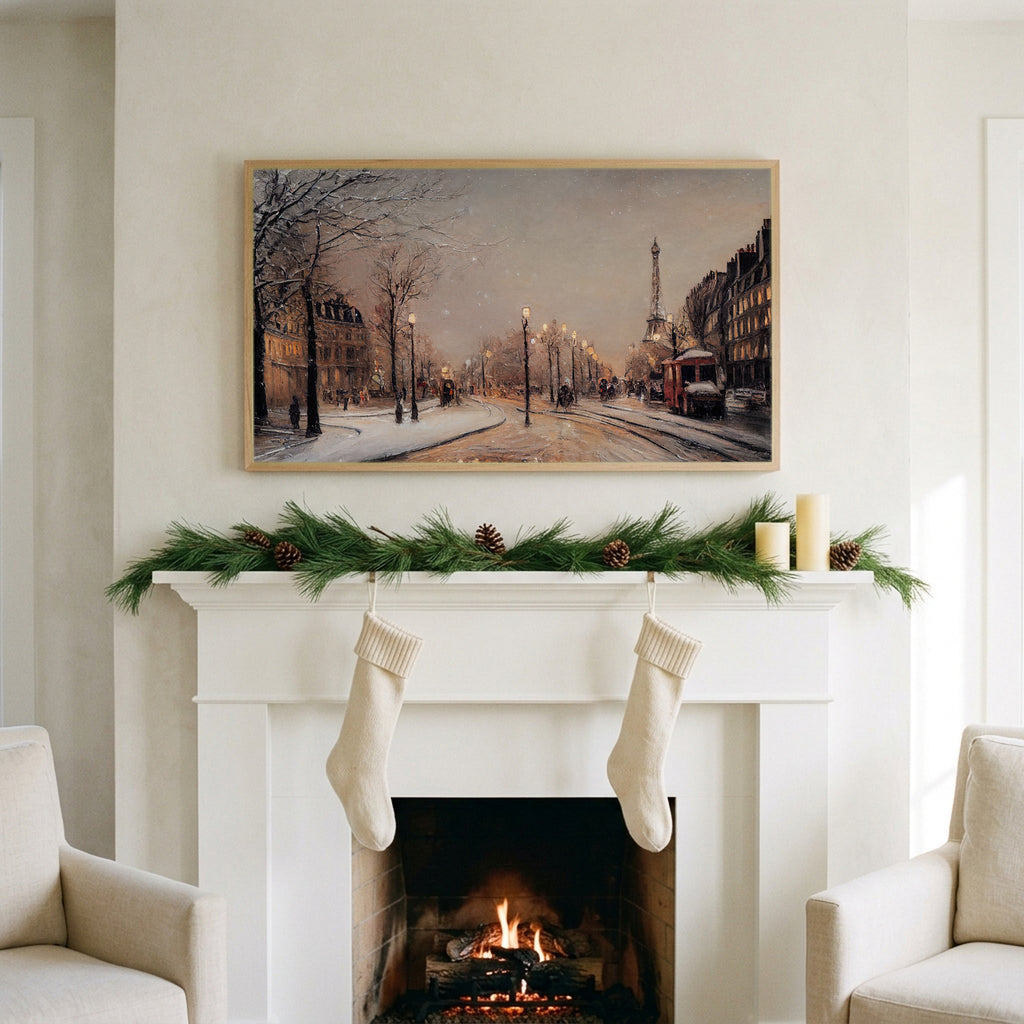 Paris street in snow art on a TV above a white fireplace with a pine garland and cream stockings