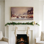Snowy town with reindeer sleighs art on a TV above a white fireplace with a pine garland and cream stockings