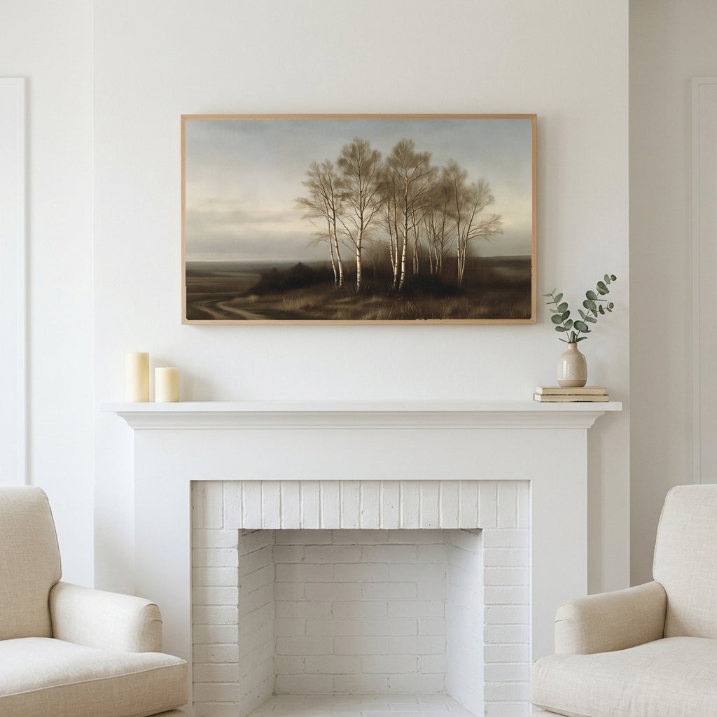Birch trees landscape art above a white fireplace with candles and eucalyptus on the mantel