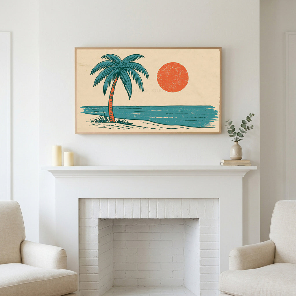 Retro palm tree art above a white fireplace with candles and eucalyptus on the mantel