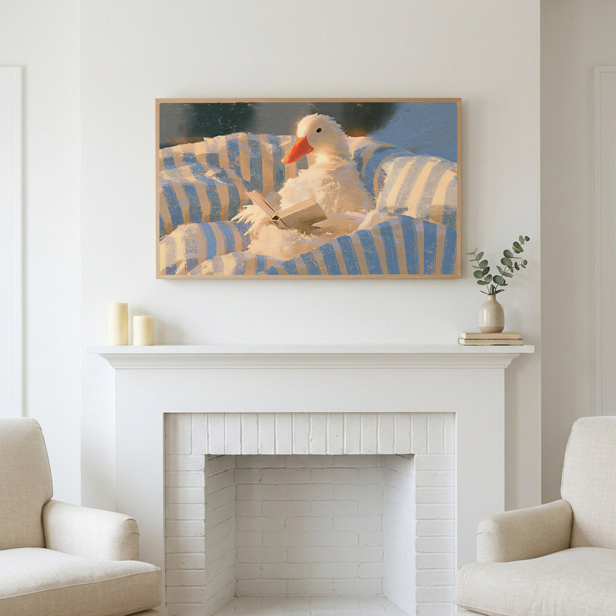 Frame TV art above a white fireplace with candles and eucalyptus on the mantel