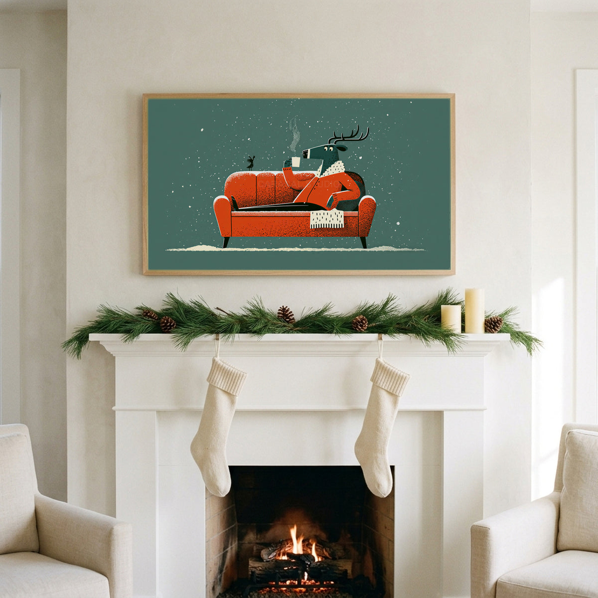 Reindeer on a sofa art on a TV above a white fireplace with a pine garland and cream stockings