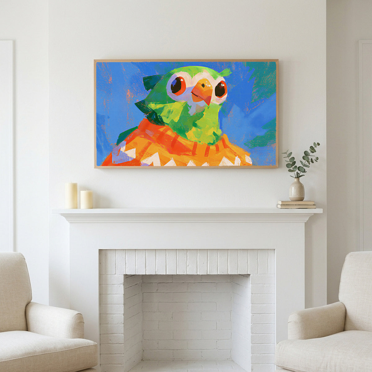 Parrot in a sweater art above a white fireplace with candles and eucalyptus on the mantel