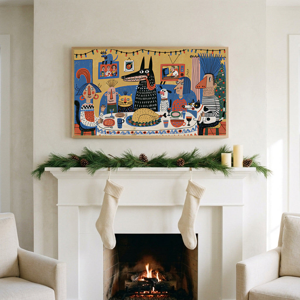 Folk art Christmas dinner art on a TV above a white fireplace with a pine garland and cream stockings