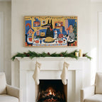 Folk art Christmas dinner art on a TV above a white fireplace with a pine garland and cream stockings