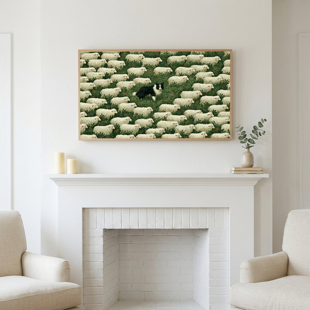 Frame TV art above a white fireplace with candles and eucalyptus on the mantel