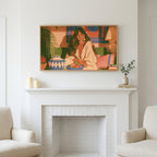 Boho woman portrait art above a white fireplace with candles and eucalyptus on the mantel