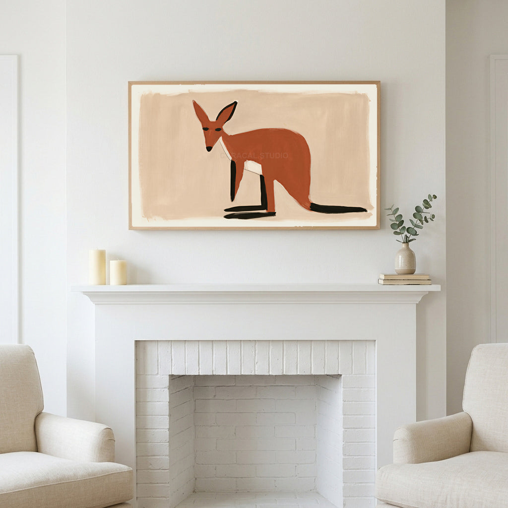 Minimalist wallaby art above a white fireplace with candles and eucalyptus on the mantel