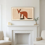 Minimalist wallaby art above a white fireplace with candles and eucalyptus on the mantel