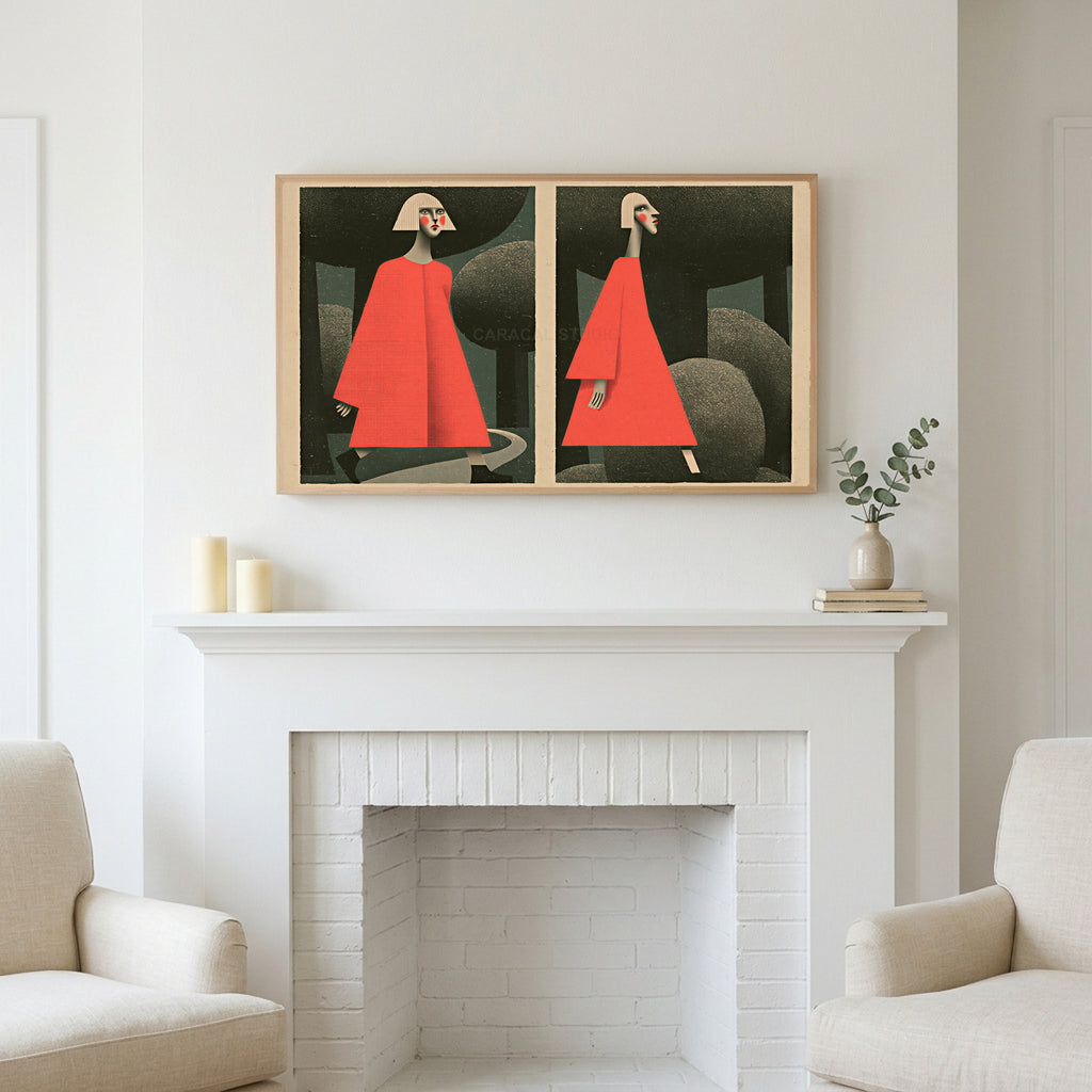 Surreal forest walk art above a white fireplace with candles and eucalyptus on the mantel