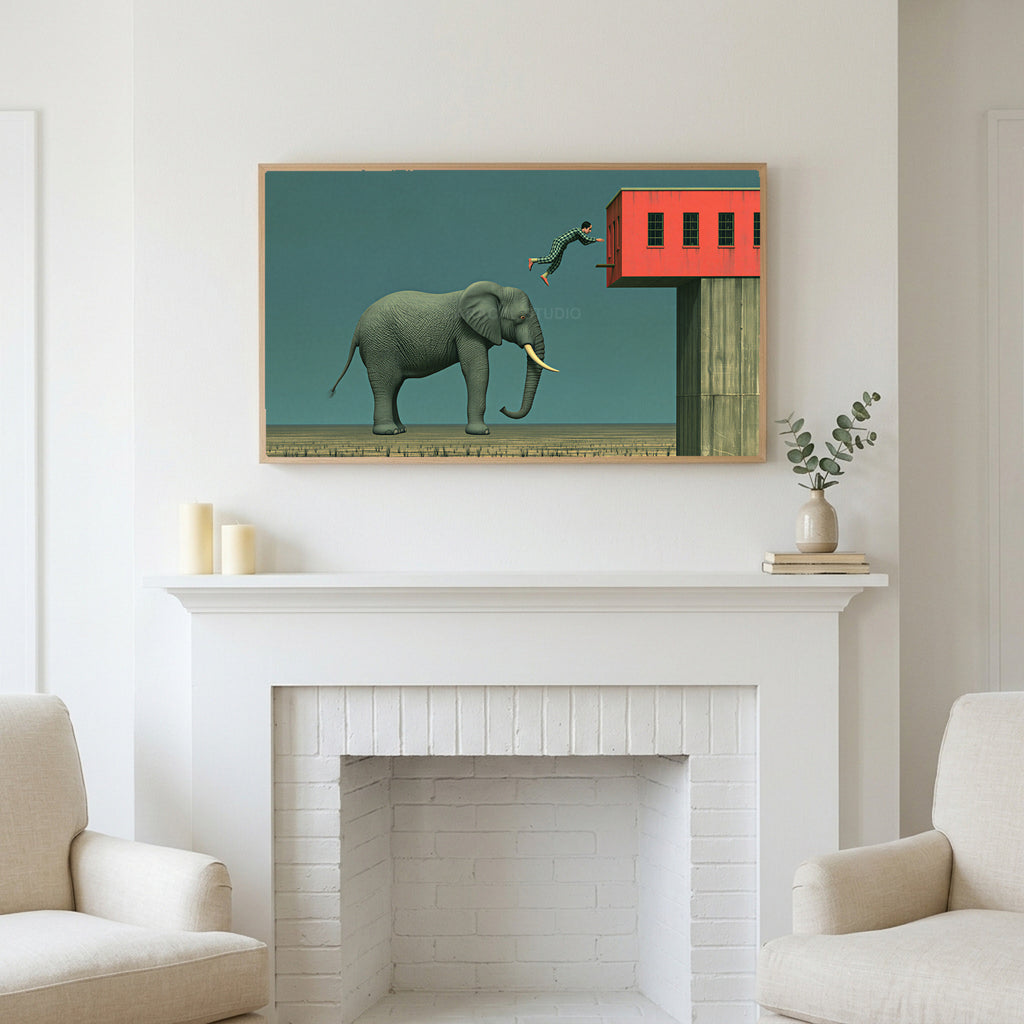 Elephant and leaping man art above a white fireplace with candles and eucalyptus on the mantel