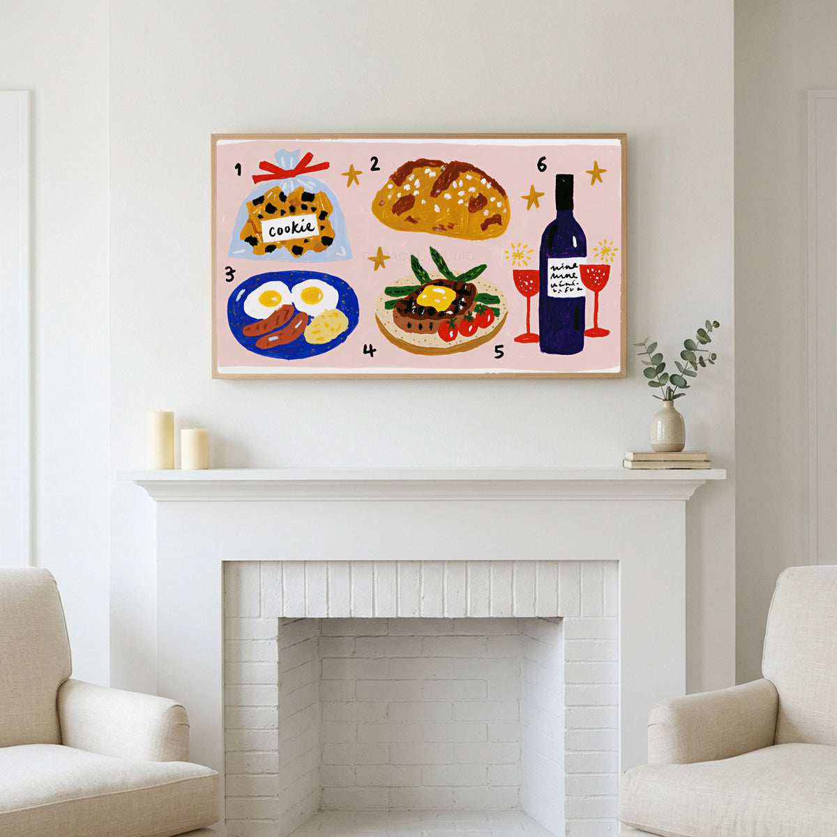 Food and wine doodles art above a white fireplace with candles and eucalyptus on the mantel