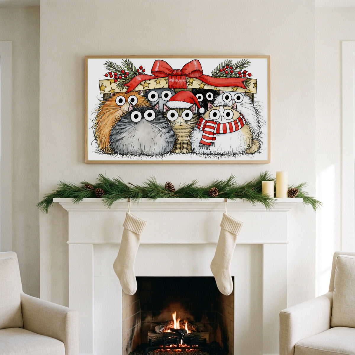 Cats under a gift box art on a TV above a white fireplace with a pine garland and cream stockings