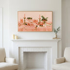 Party table still life art above a white fireplace with candles and eucalyptus on the mantel