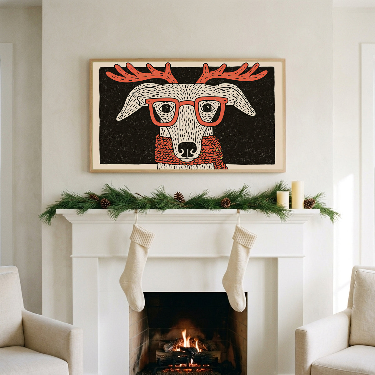 Whippet with reindeer antlers art on a TV above a white fireplace with a pine garland and cream stockings
