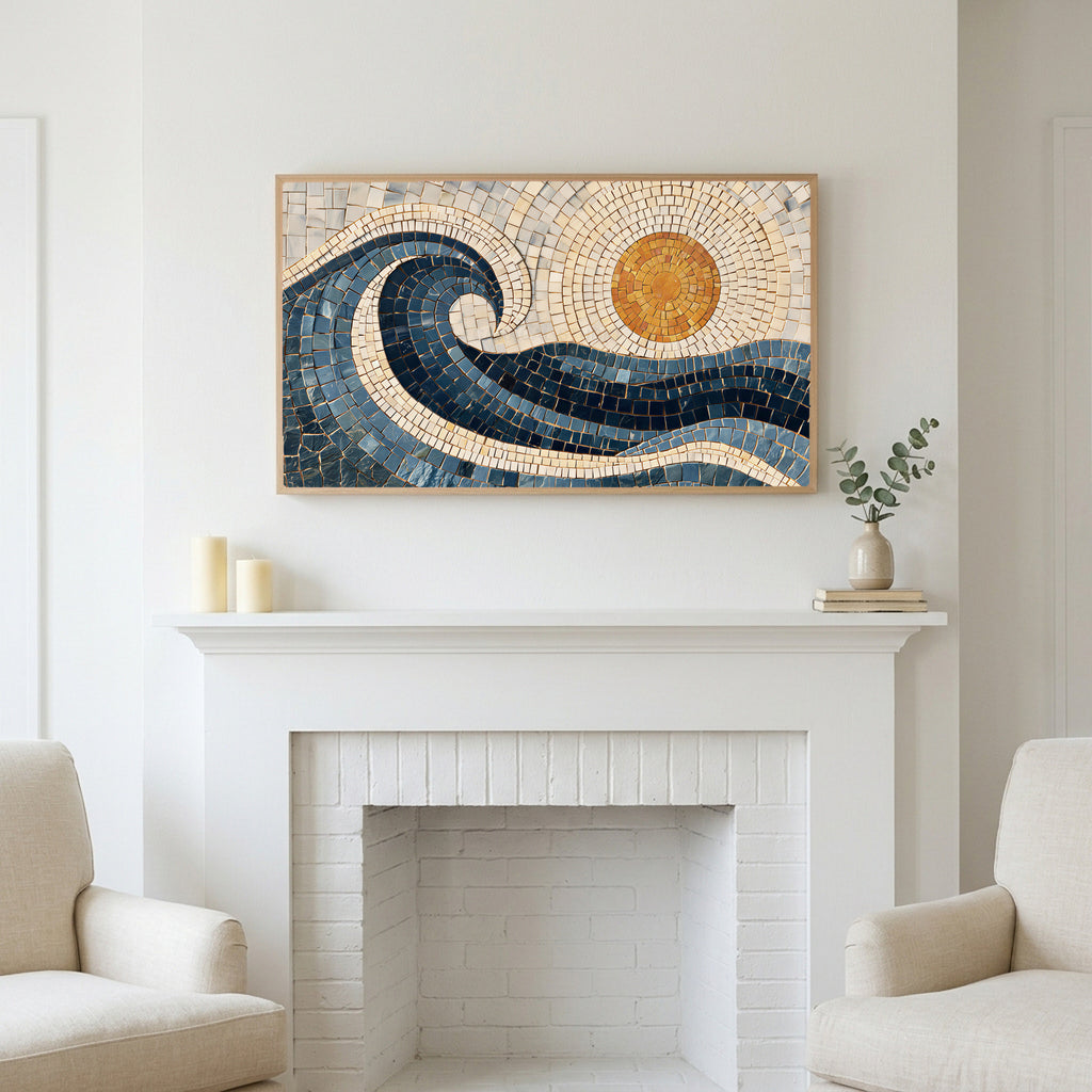 Mosaic wave art above a white fireplace with candles and eucalyptus on the mantel