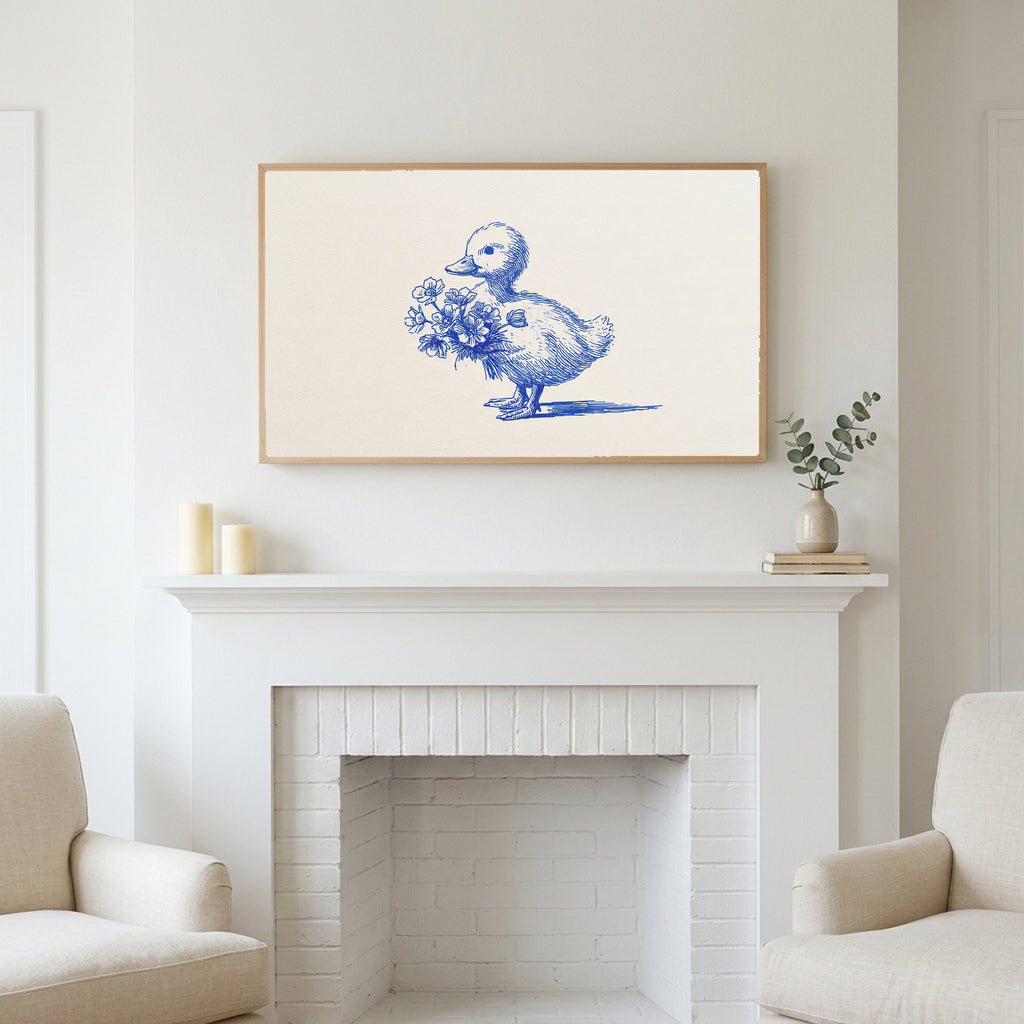 Duckling art above a white fireplace with candles and eucalyptus on the mantel