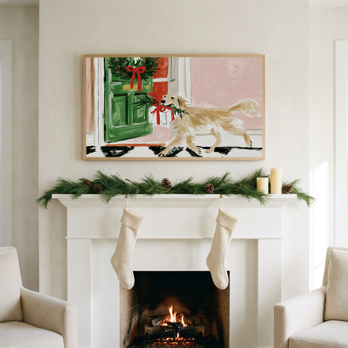 Labrador with a Christmas present art on a TV above a white fireplace with a pine garland and cream stockings