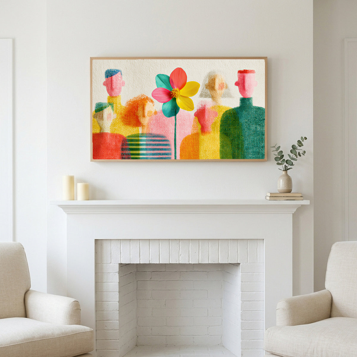 Faceless people and flower art above a white fireplace with candles and eucalyptus on the mantel