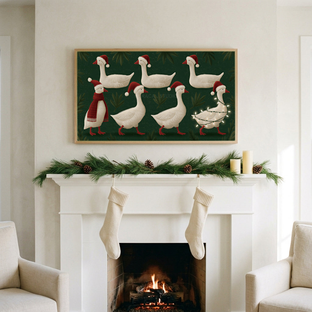 Geese in Santa hats art on a TV above a white fireplace with a pine garland and cream stockings