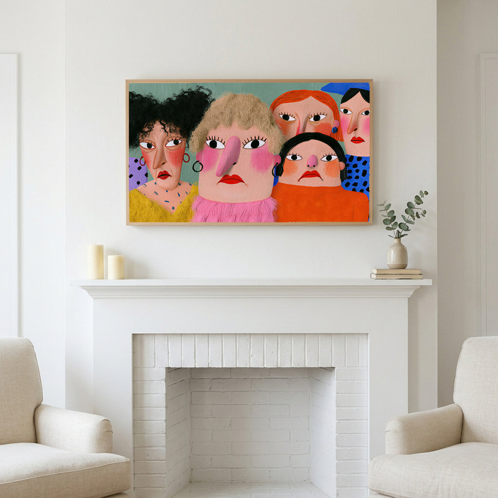 Funny faces portrait art above a white fireplace with candles and eucalyptus on the mantel