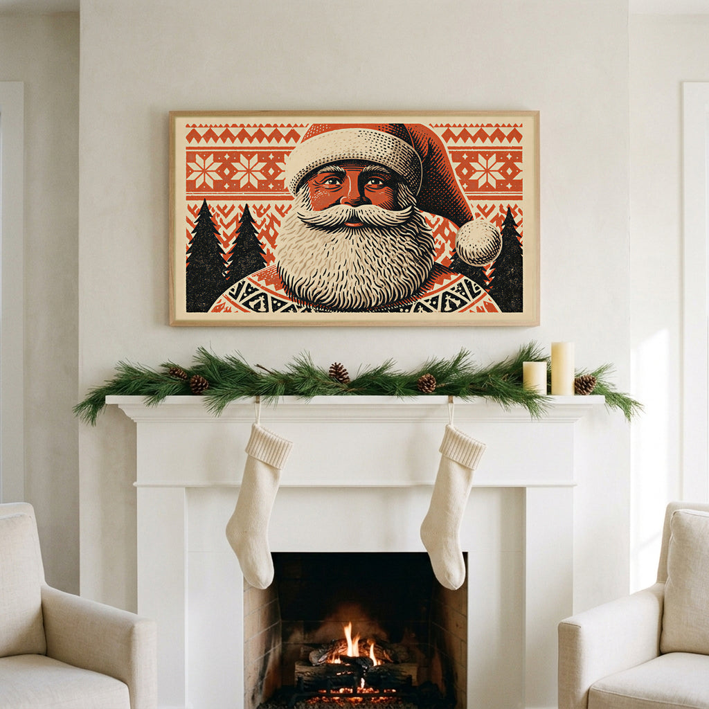 Santa portrait art on a TV above a white fireplace with a pine garland and cream stockings
