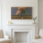 Storm field tree art above a white fireplace with candles and eucalyptus on the mantel