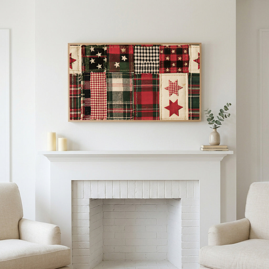Plaid patchwork quilt art above a white fireplace with candles and eucalyptus on the mantel