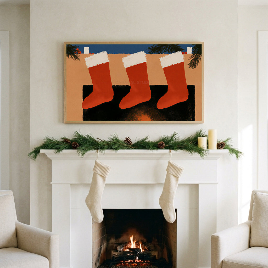 Stockings on the mantel art on a TV above a white fireplace with a pine garland and cream stockings