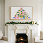 Pink bow Christmas tree art on a TV above a white fireplace with a pine garland and cream stockings