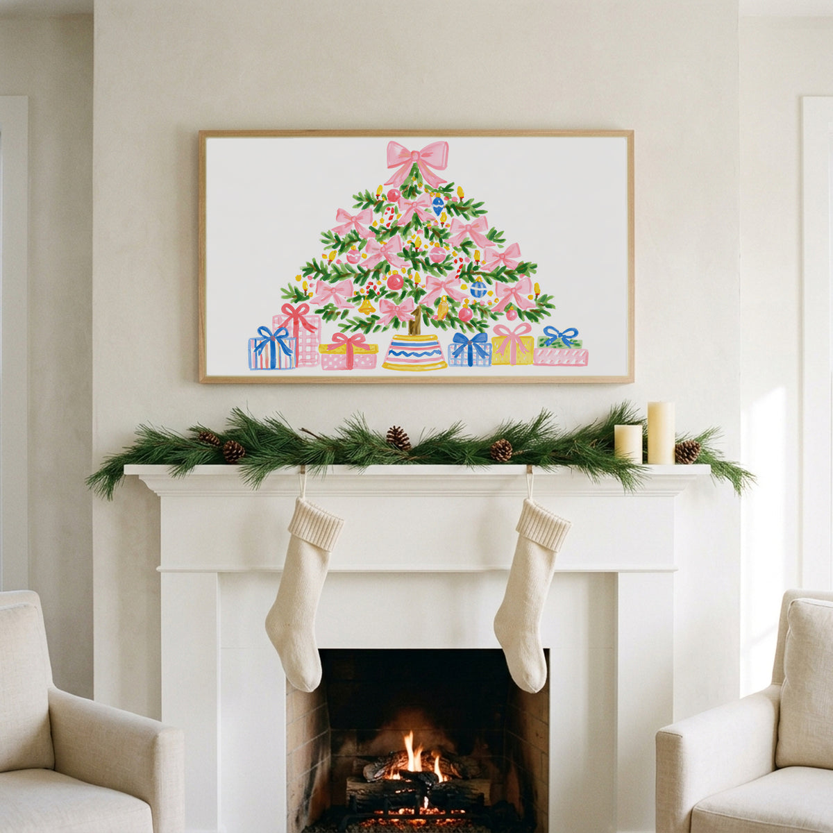 Pink bow Christmas tree art on a TV above a white fireplace with a pine garland and cream stockings