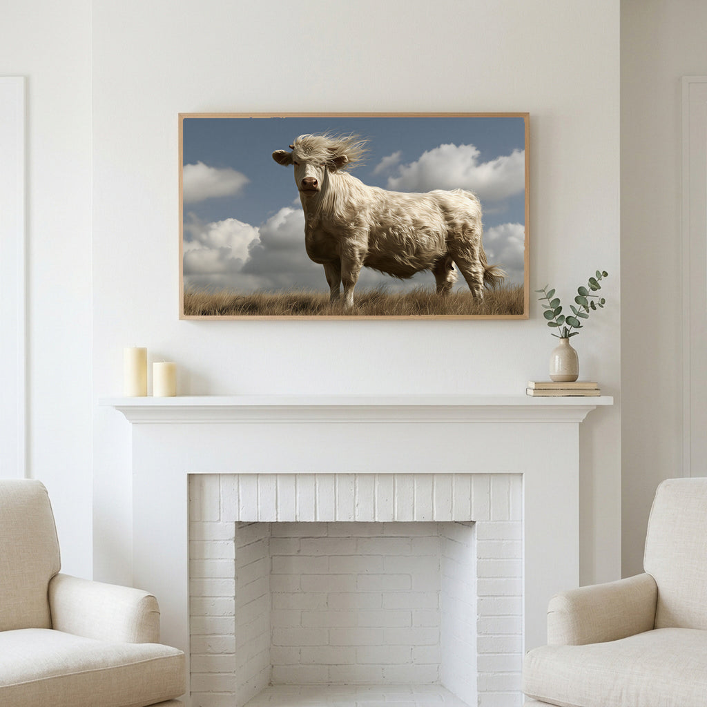 Windswept cow art above a white fireplace with candles and eucalyptus on the mantel