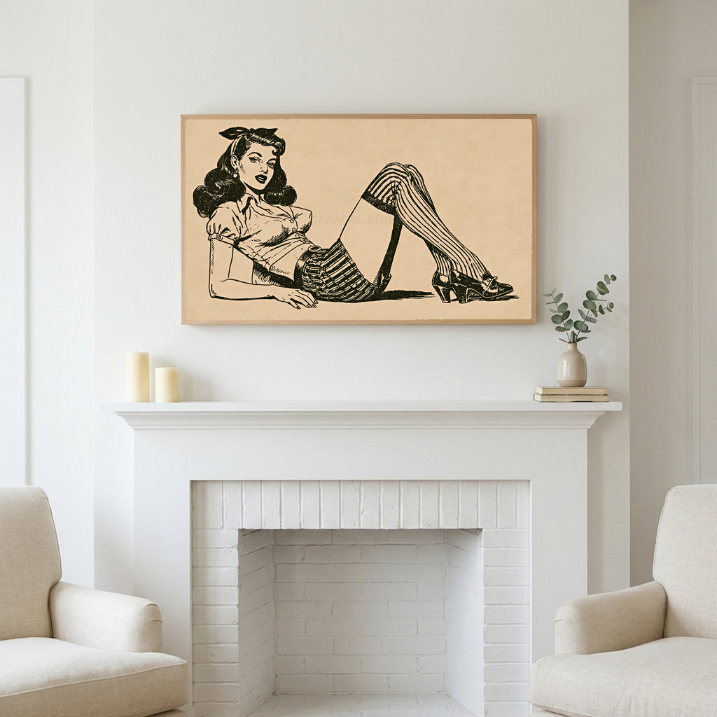 Vintage pin-up drawing art above a white fireplace with candles and eucalyptus on the mantel