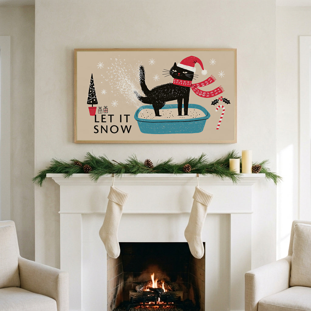 Let It Snow cat art on a TV above a white fireplace with a pine garland and cream stockings