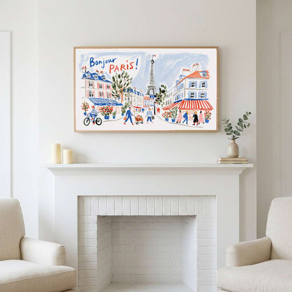 Bonjour Paris art above a white fireplace with candles and eucalyptus on the mantel