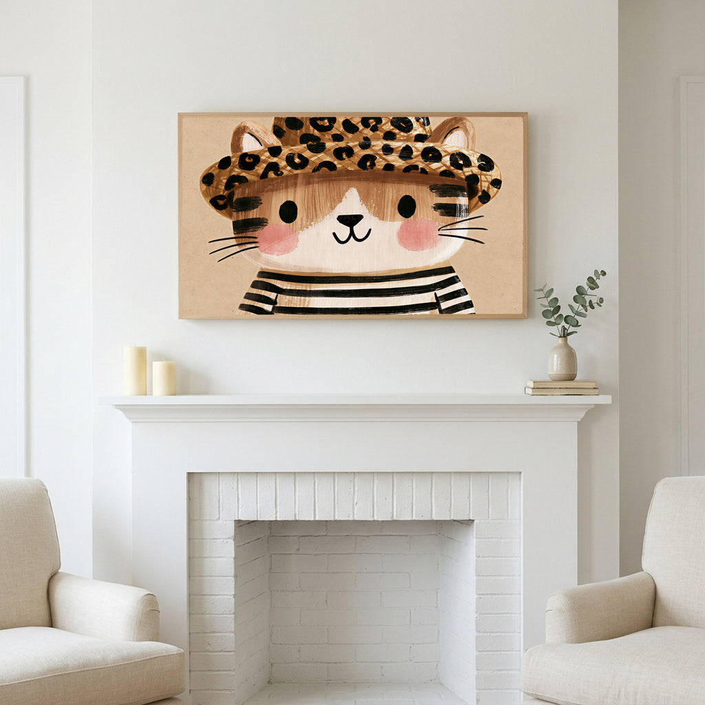 Frame TV art above a white fireplace with candles and eucalyptus on the mantel